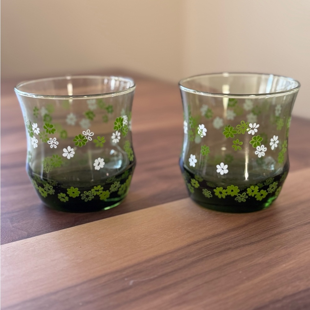 Set of 3 Vintage Floral Drinking Glasses 🌿 Green White Cottagecore Cups